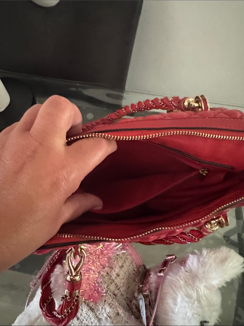 Quilted Red Women's Top-Handle Handbag with Gold Hardware - Picture 9 of 10